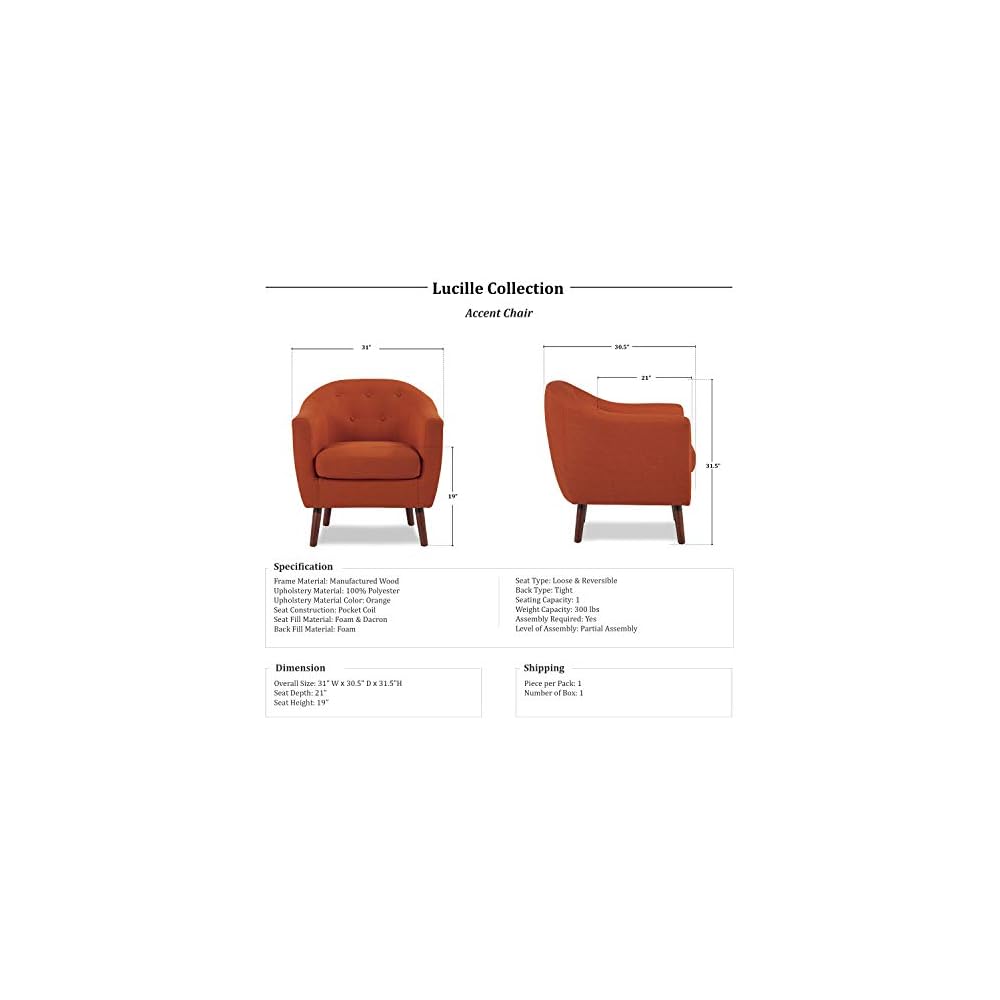 Homelegance Lucille Modern Accent Chair, Upholstered Reading Chair with Button-Tufted Back, Sloped Arms, Removable Seat Cushion Cover and Espresso Wood Legs, for Living Room, Bedroom or Office, Orange