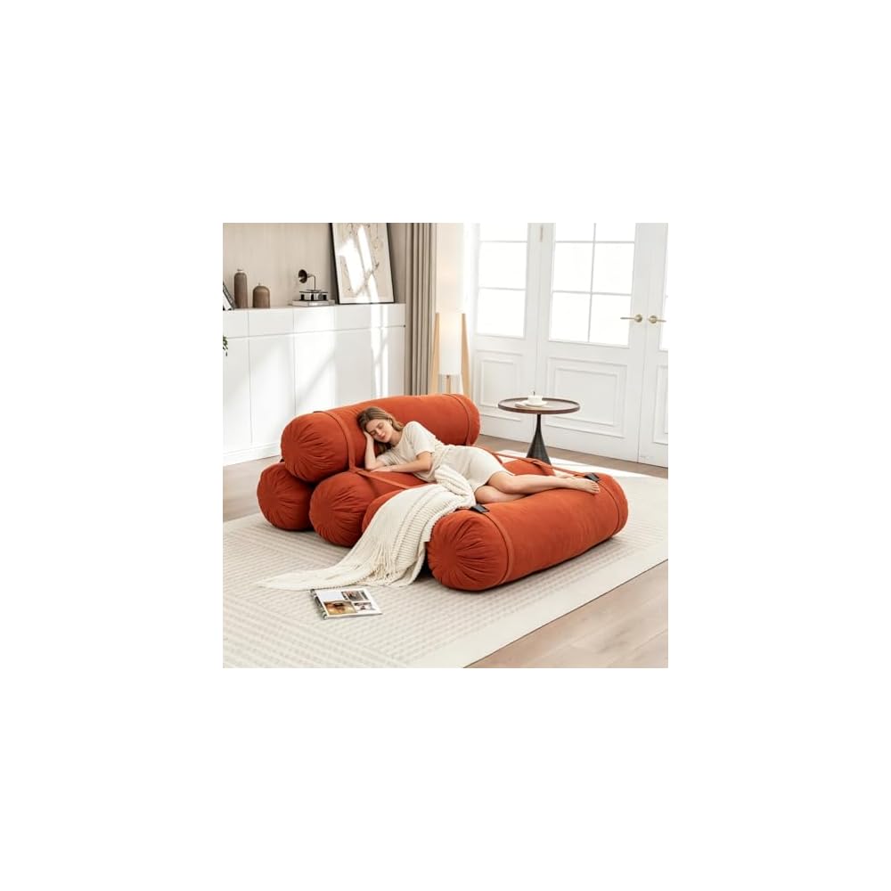 Adjustable Sofa Bed Corduroy Lazy Lounge Chair 5 Cylinder Roll Cushion with Tie Straps Multi-Person Leisure Chair for Living Room, Bedroom, Orange