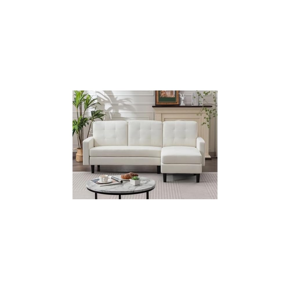 VECELO Convertible Sectional Sofa, Modern Linen Fabric L-Shaped Couch with Reversible Chaise for Living Room/Apartment/Office, White