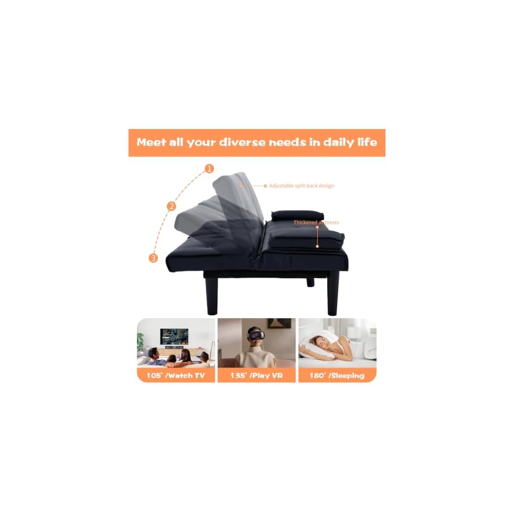 67-inch Black PVC Multi-Functional Sofa Bed with Foldable Design and Cup Holder - Solid Wood Frame, Sponge Filled, Ideal for Living Rooms, Dorms, and Small Offices (Black)