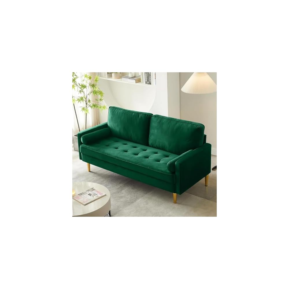 Modern Green Velvet Loveseat Couch,Futon Small Sofa with Metal Legs ,2-Seater Upholstered Mini Couches for Small Space,Living Room Bedroom Office Dorm Studio Apartment Love Seat Couche (Green)