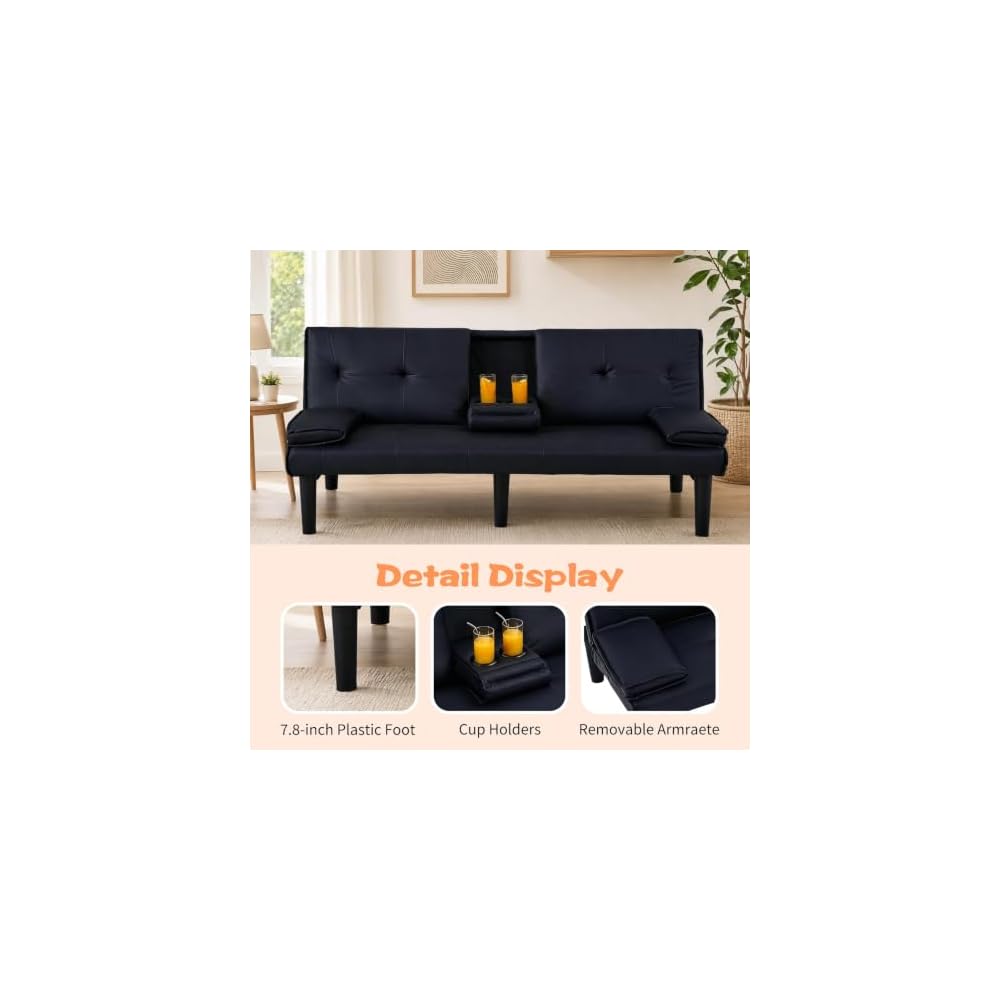 67-inch Black PVC Multi-Functional Sofa Bed with Foldable Design and Cup Holder - Solid Wood Frame, Sponge Filled, Ideal for Living Rooms, Dorms, and Small Offices (Black)