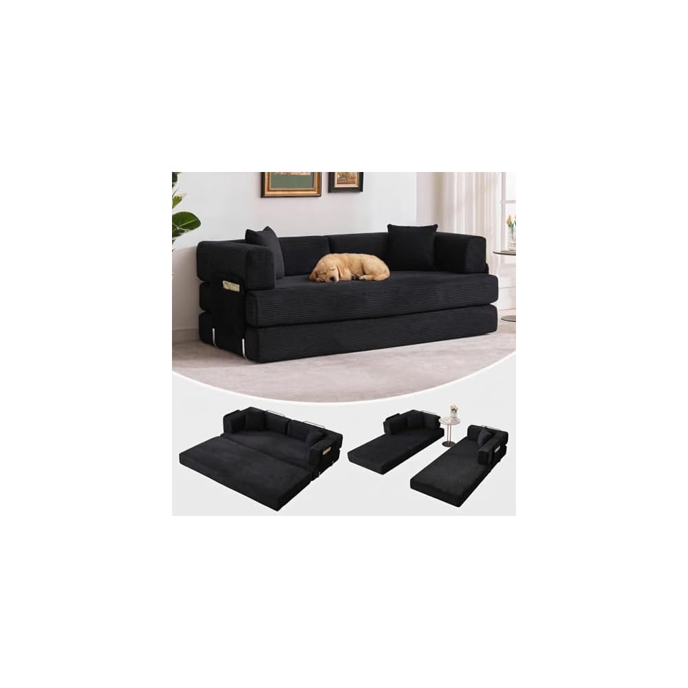 IDEALHOUSE Convertible Sofa Bed 5-in-1, 78.8 Inch Folding Futon Couch with Pull Out Bed, Corduroy Upholstered No-Assembly Loveseat Sleeper for Living Room, Bedroom, Lounge, Black