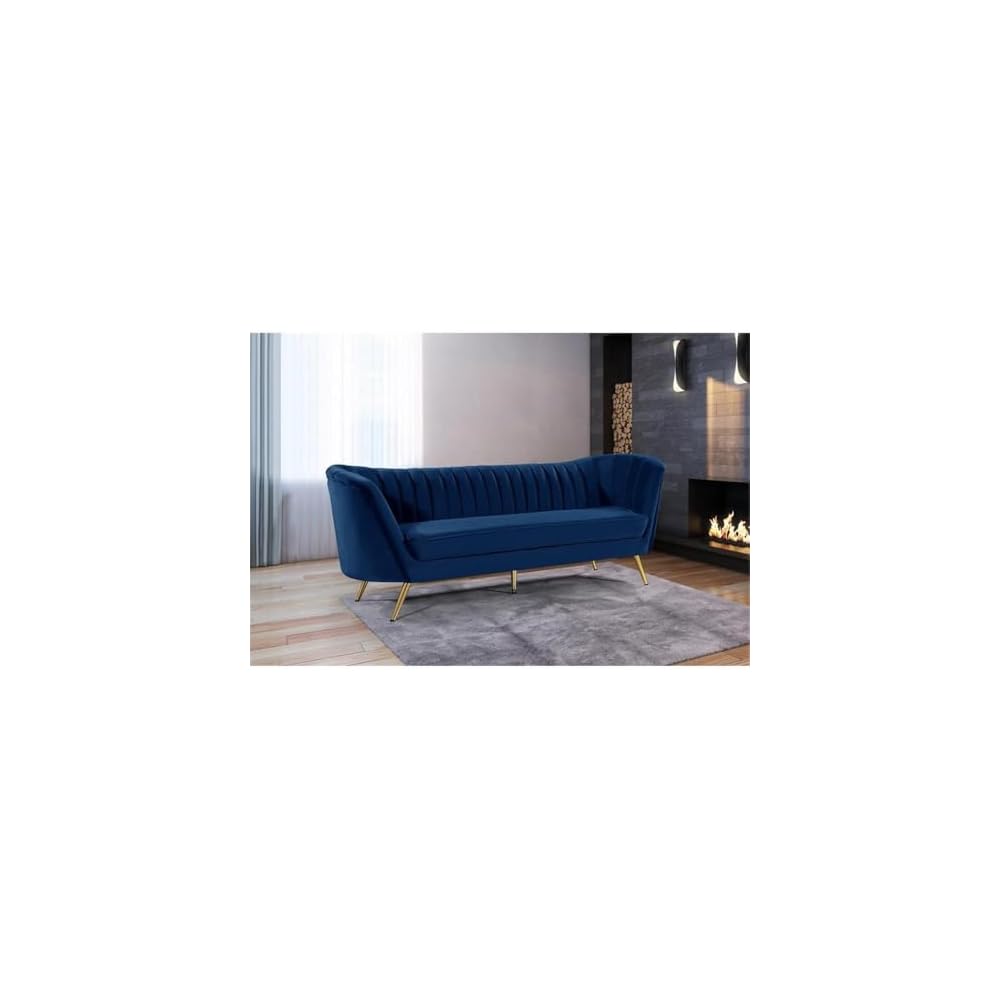Meridian Furniture Margo Collection Modern | Contemporary Velvet Upholstered Sofa with Deep Channel Tufting and Rich Gold Stainless Steel Legs, Navy, 88" W x 30" D x 33" H