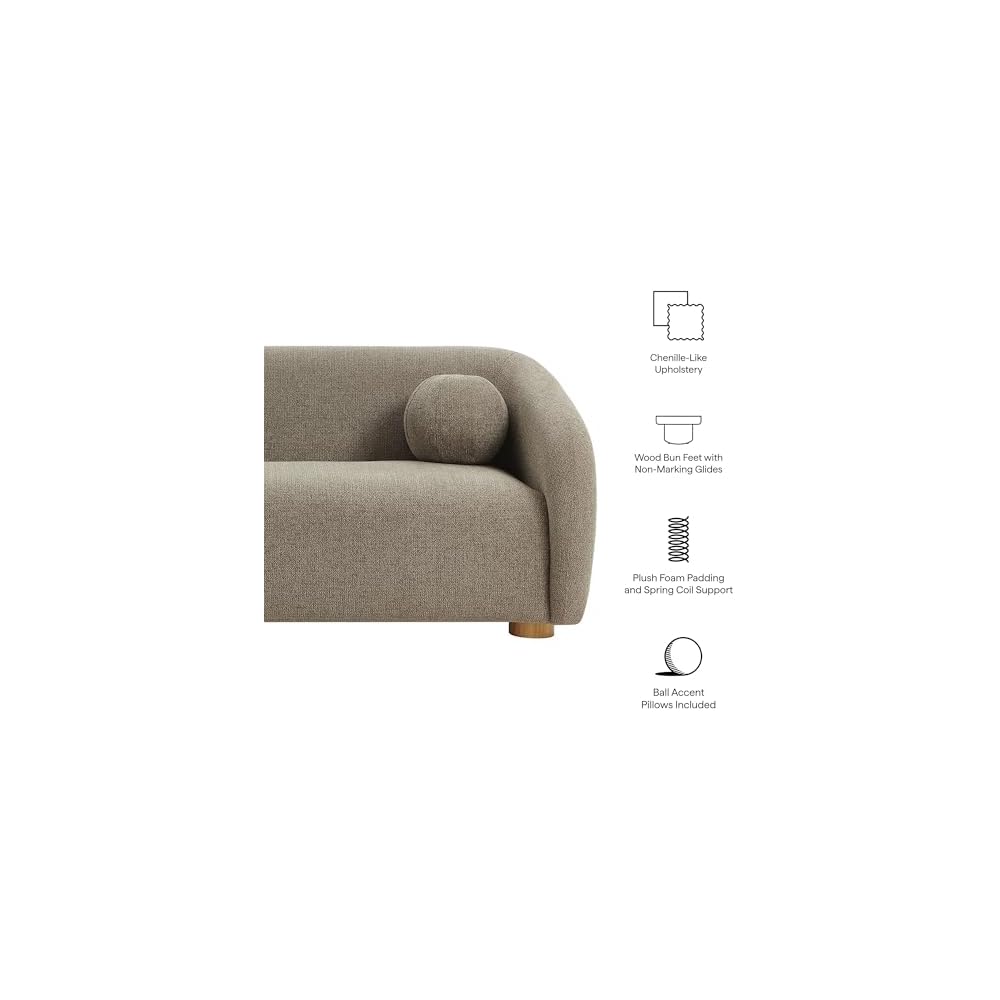 Modway Holland 85 Inch Minimalist Curved Back Sofa in Taupe – Chenille Fabric Sofa with Ball Throw Pillows and Wood Feet – Modern 3-Seater Couch for Living Room