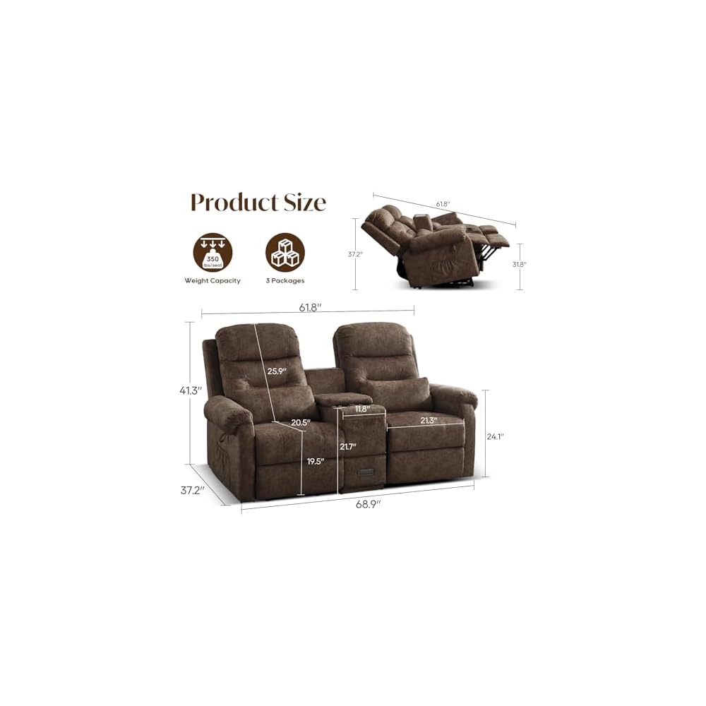 Power Lift Recliner Loveseat Sofa for Elderly, Dual Motor Electric Recliner with Massage & Heat, 2-Seater Velvet Couch with Independent Control, Console, Cup Holder & Power Outlet (Brown, 69”)
