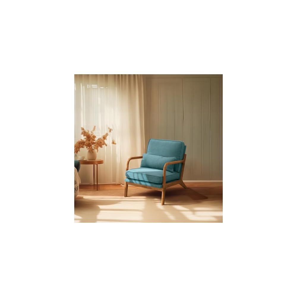Bonnlo Dark Green Linen Mid Century Modern Accent Chair, Soild Wood Padding Lounge Armchairs Side Sitting Chairs for Living Room, Bedroom, Guest Room