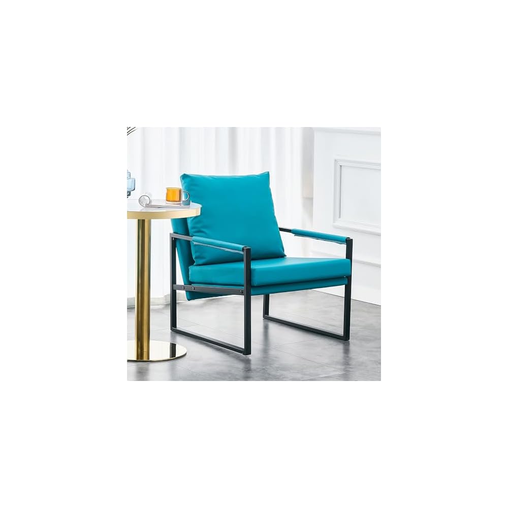 Upholstered Armchair, Modern Accent PU Leather Chair, Living Room Chairs with Golden Metal Legs and Soft Padded, Sofa Chairs for Home Office/Bedroom/Dining Room Cyan