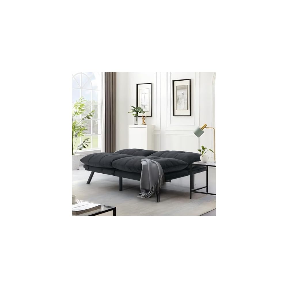 Convertible Futon Double Sofa Bed,2 in 1 with Adjustable Backrest Memory Foam Loveseat for Living Room Bedroom Office Apartment Compact Sofa(Black)