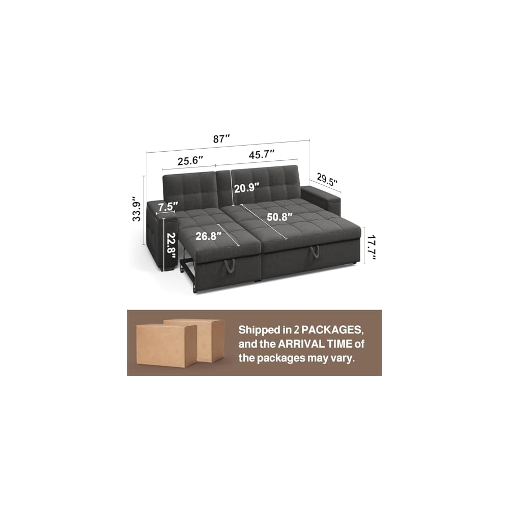Ahomly 87" Convertible Sofa Bed, Pull Out Couch for Small Spaces, Dark Gray