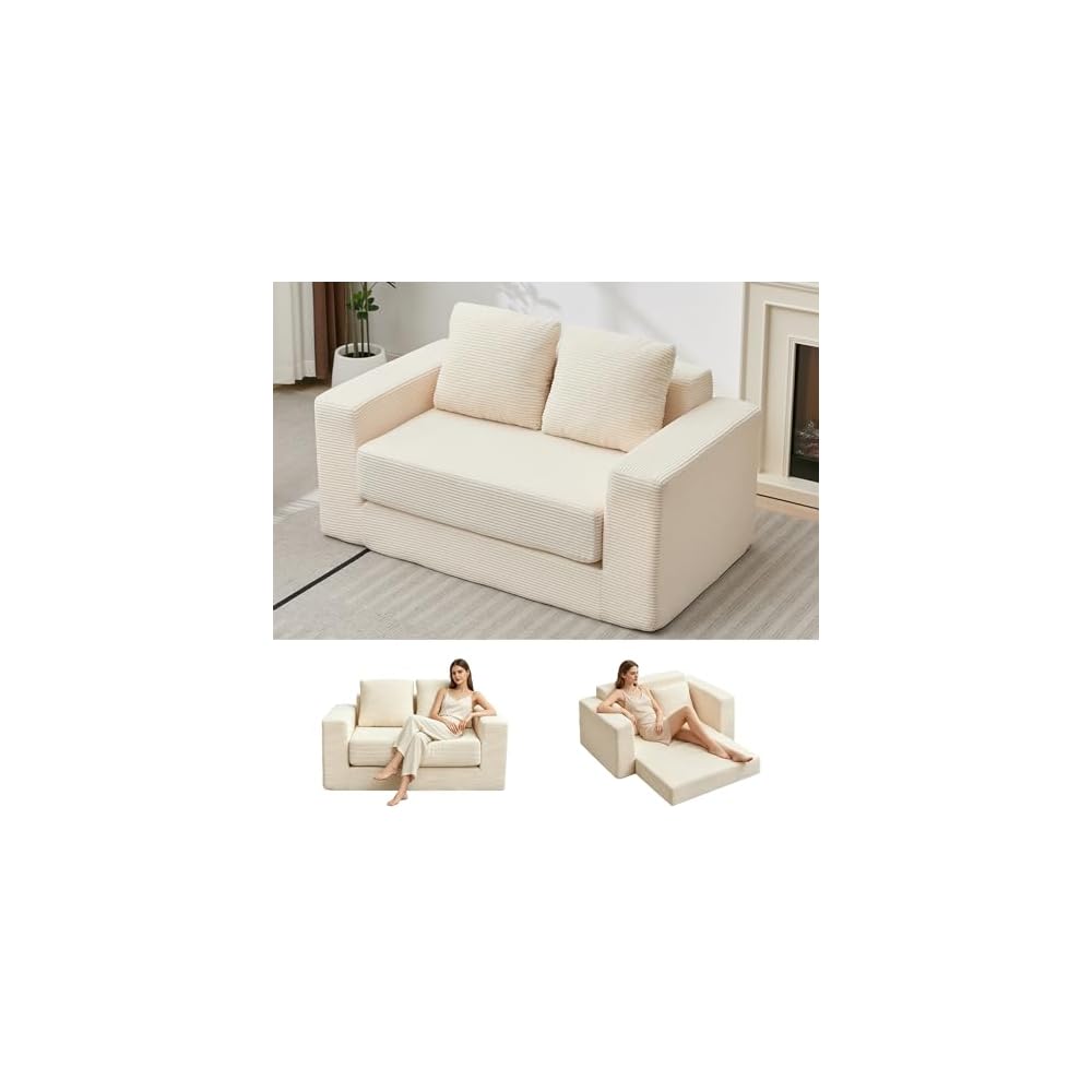 Boneless Couch Loveseat,3-in-1 Convertible Sleeper Sofa Bed Folding Floor Futon Bed with 2 Pillows, Mini Boneless Couch for Small Space Living Room Bedroom (Beige)