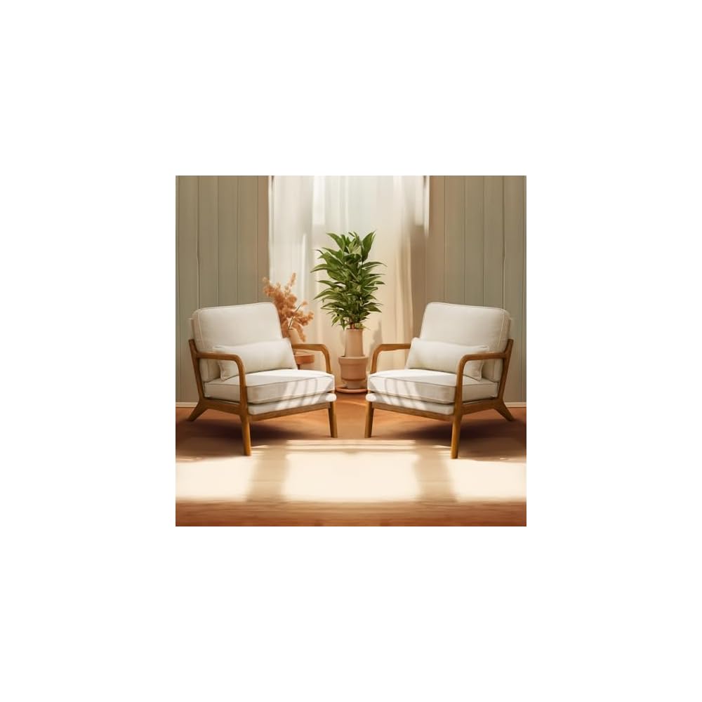 Bonnlo Dark Green Linen Mid Century Modern Accent Chair, Soild Wood Padding Lounge Armchairs Side Sitting Chairs for Living Room, Bedroom, Guest Room