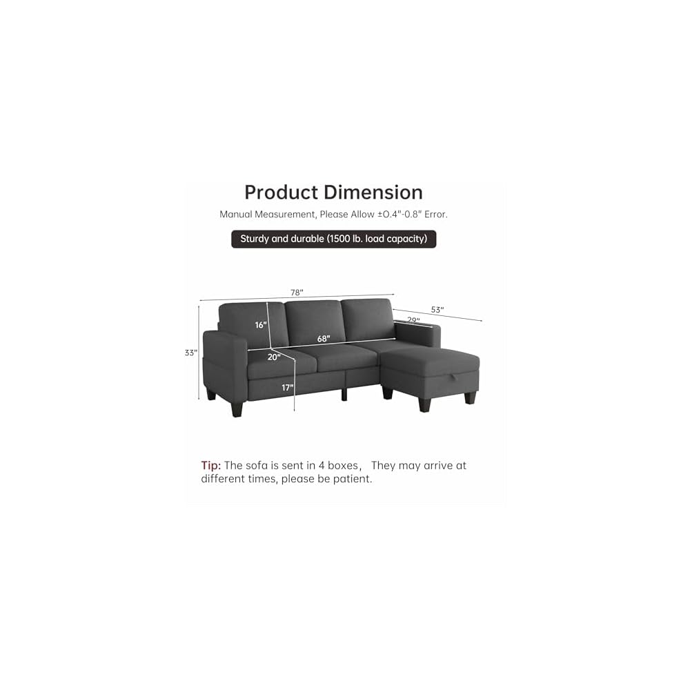 Youmumeub 78" Sectional Sofa Couches for Living Room, 3 Seat L Shaped Convertible Couch with Storage Ottoman, Comfortable Pet-Friendly Linen Sofa Set for Small Space, Apartment, Office, Dark Grey