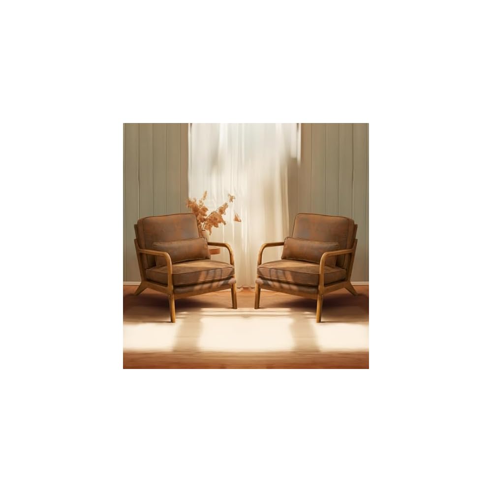 Bonnlo Dark Green Linen Mid Century Modern Accent Chair, Soild Wood Padding Lounge Armchairs Side Sitting Chairs for Living Room, Bedroom, Guest Room