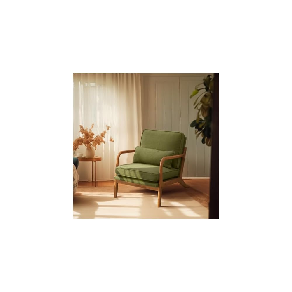 Bonnlo Dark Green Linen Mid Century Modern Accent Chair, Soild Wood Padding Lounge Armchairs Side Sitting Chairs for Living Room, Bedroom, Guest Room