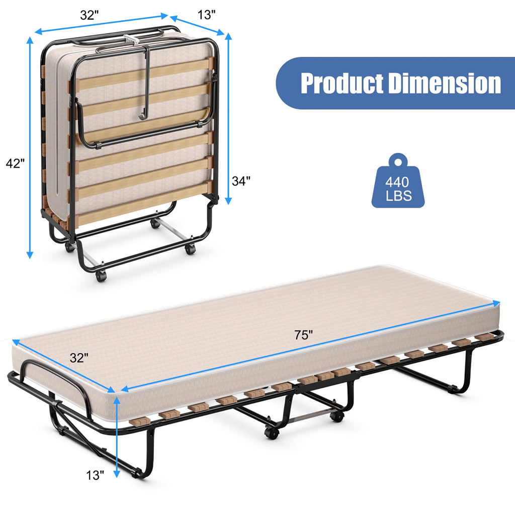 Costway Portable Folding Bed with Memory Foam Mattress Rollaway Cot Beige Made in Italy