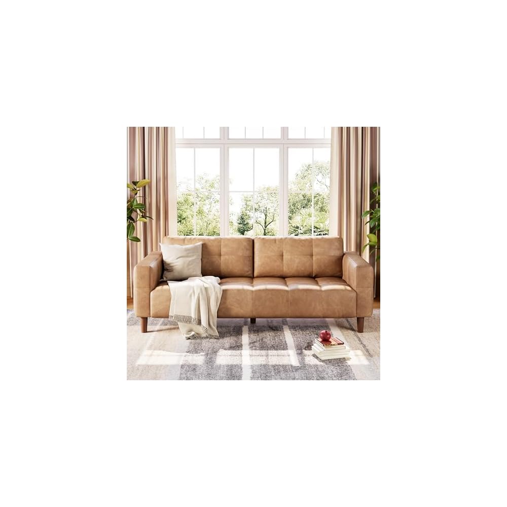 IDEALHOUSE Mid-Century Modern 3-Seater Faux Leather Sofa Couch – Removable Back Cushions – Wide Armrests – Sturdy and Comfortable, Easy to Clean, Ideal for Living Room, Apartment, Office – PU Orange