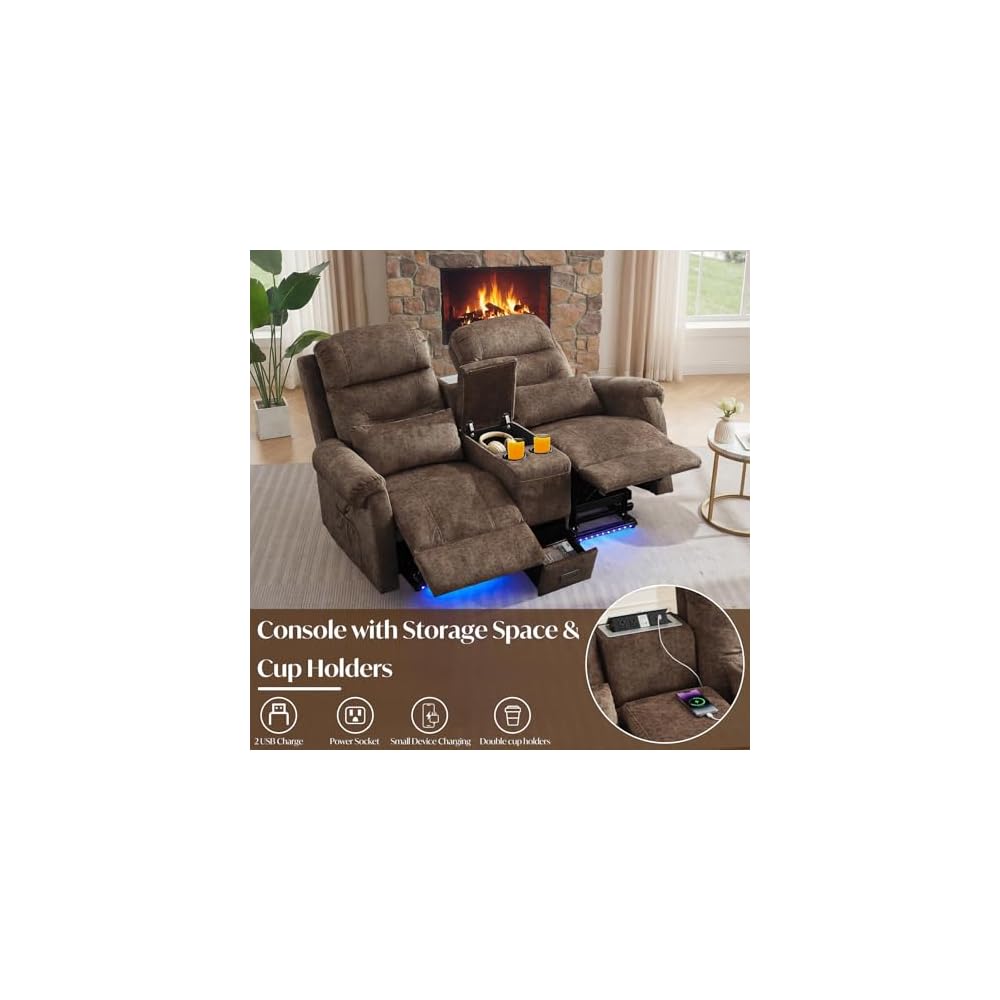 Power Lift Recliner Loveseat Sofa for Elderly, Dual Motor Electric Recliner with Massage & Heat, 2-Seater Velvet Couch with Independent Control, Console, Cup Holder & Power Outlet (Brown, 69”)