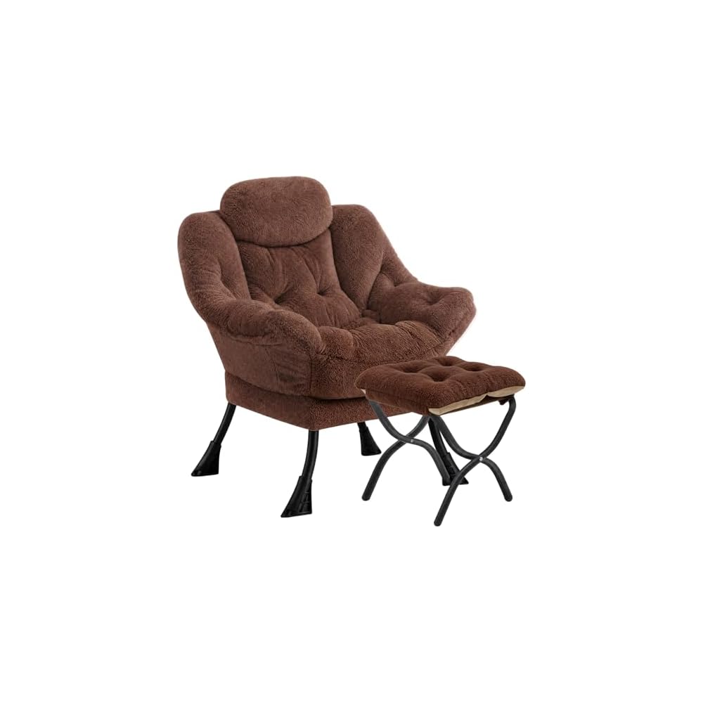 Lazy Chair with Folding Ottoman Modern Large Accent Chair,Contemporary Lounge Leisure Sofa Chair with Armrests Upholstered Sofa Armchair Reading Chair for Bedroom,Dorm & Office (Beige-f)
