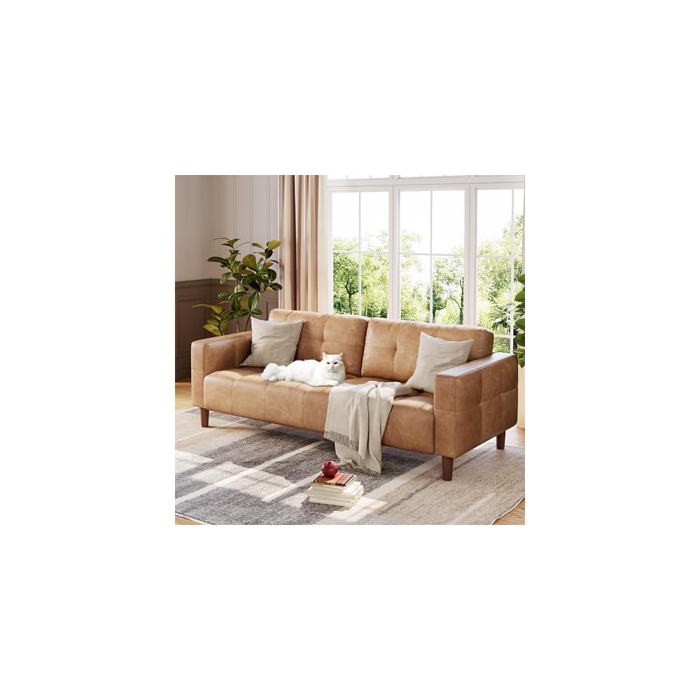 IDEALHOUSE Mid-Century Modern 3-Seater Faux Leather Sofa Couch – Removable Back Cushions – Wide Armrests – Sturdy and Comfortable, Easy to Clean, Ideal for Living Room, Apartment, Office – PU Orange