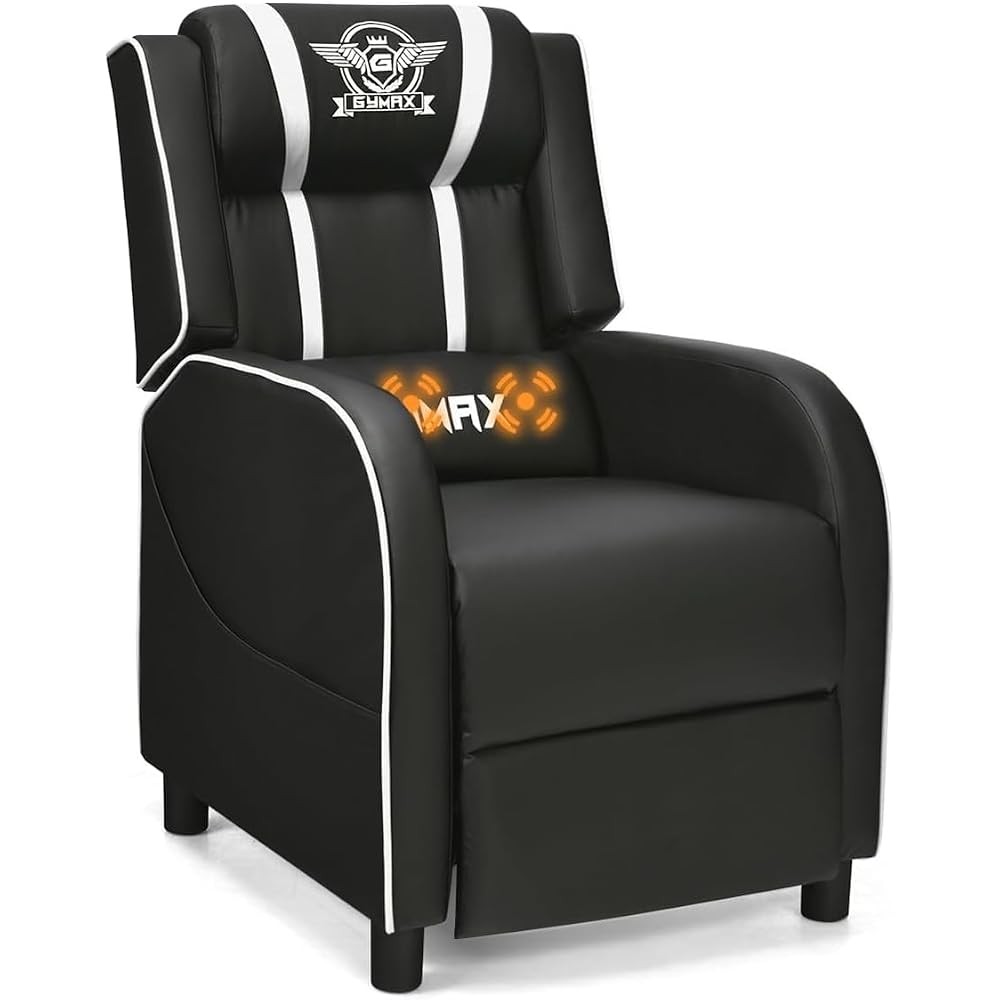 HOMGX Gaming Recliner Chair, Ergonomic PC Computer Chair w/Massage Function & Cushion, Modern Racing Style Single Lounge Sofa with Footrest, Adjustable Recliner Sofa for Adults (White)