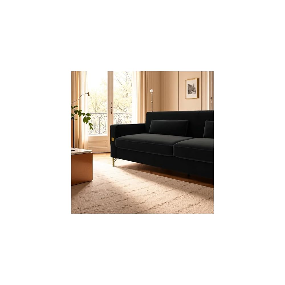 KEIKI 86" Oversized Luxury Velvet Sofa with Armrest and Removable Plush Cushions, Minimalist Gold Accents 3-Seater Couch with Solid Legs, Easy Assembly, for Living Room, Bedroom, Apartment, Black