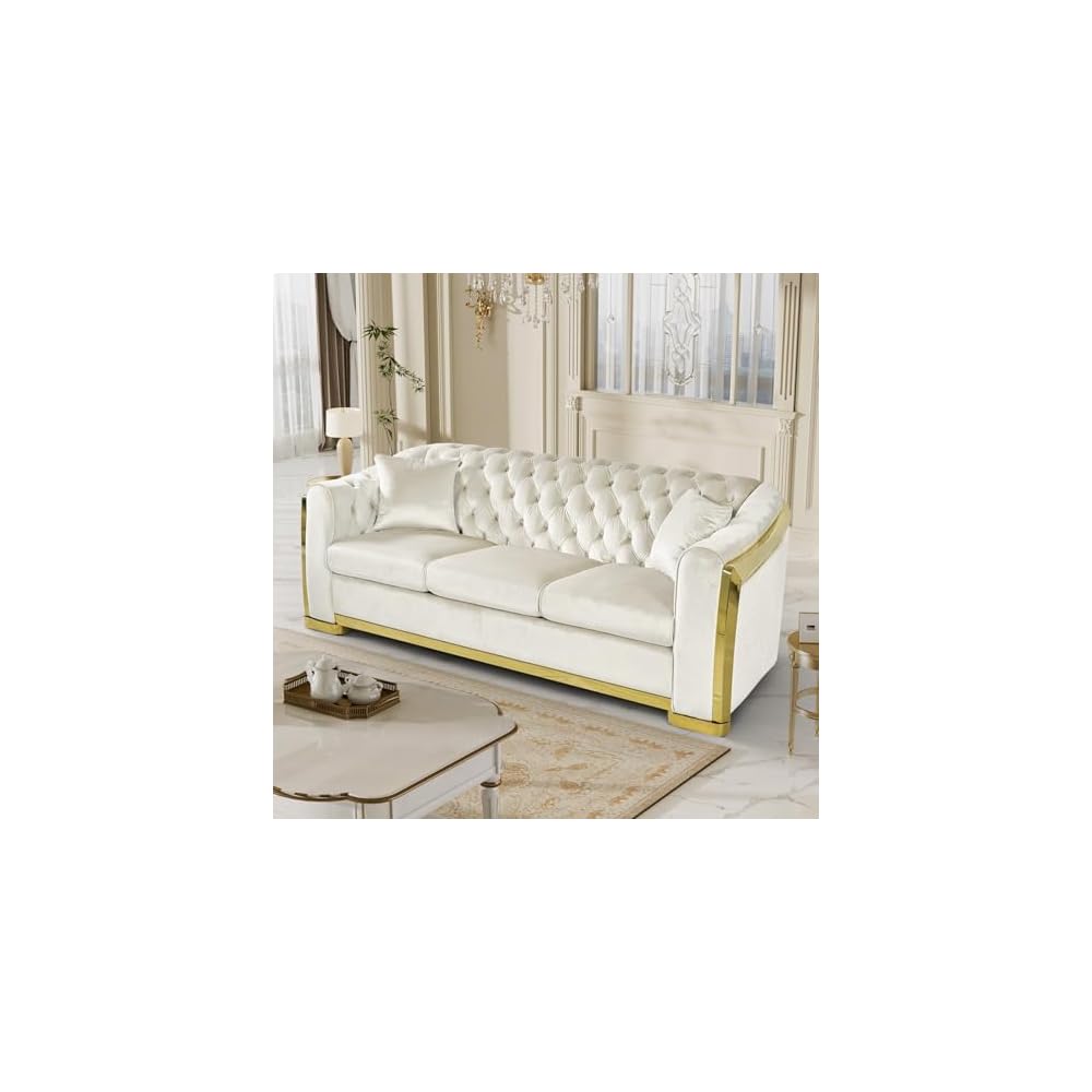 84" Velvet Chesterfield Sofa Luxury Victorian White and Gold Couch, Beige