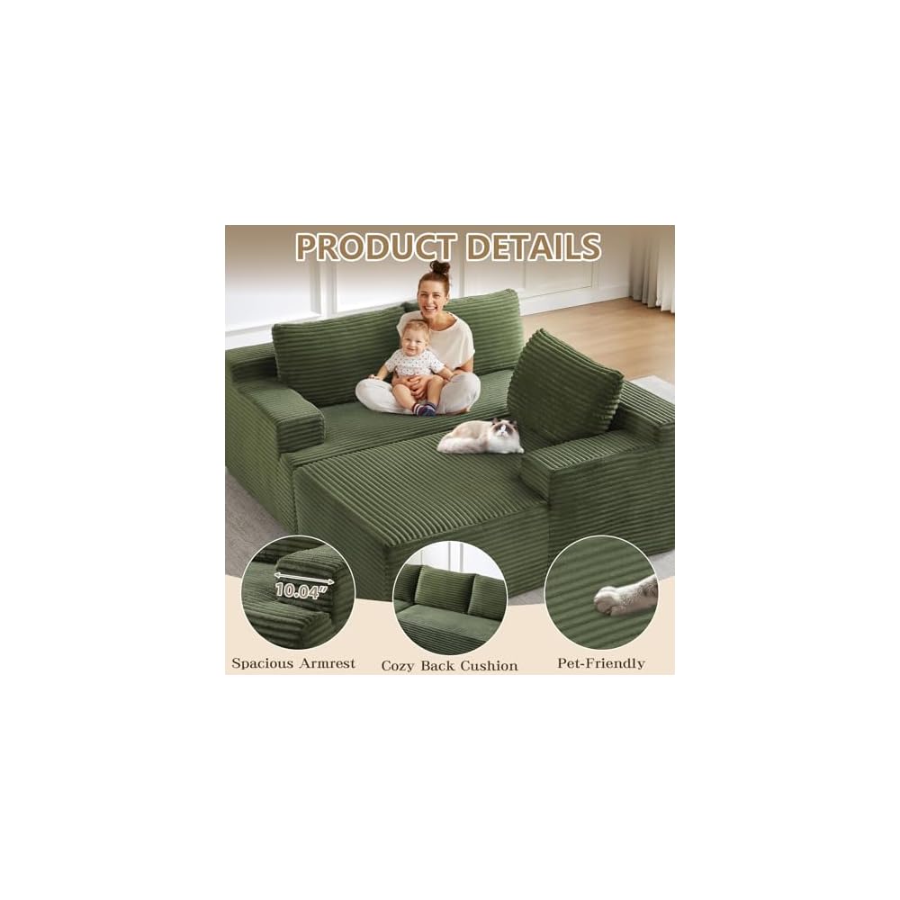 96" Modular Cloud Sectional Couch, Modern Corduroy L Shaped Modular Sofa, Upholstered Boneless Sectional Couches with Deep Seat for Living Room, No Assembly Required (Green, Right Facing Chaise)