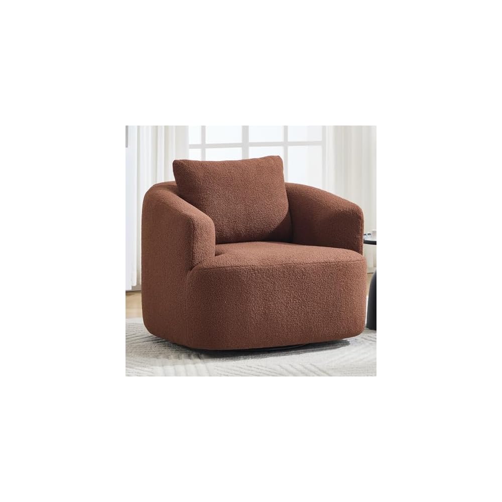 360° Swivel Round Accent Chair with Soft Pillow, Comfy Teddy Fleece Upholstered Barrel Chair, No Assembly Single Sofa for Living Room, Bedroom, Apartment (Antique Dark Grey)