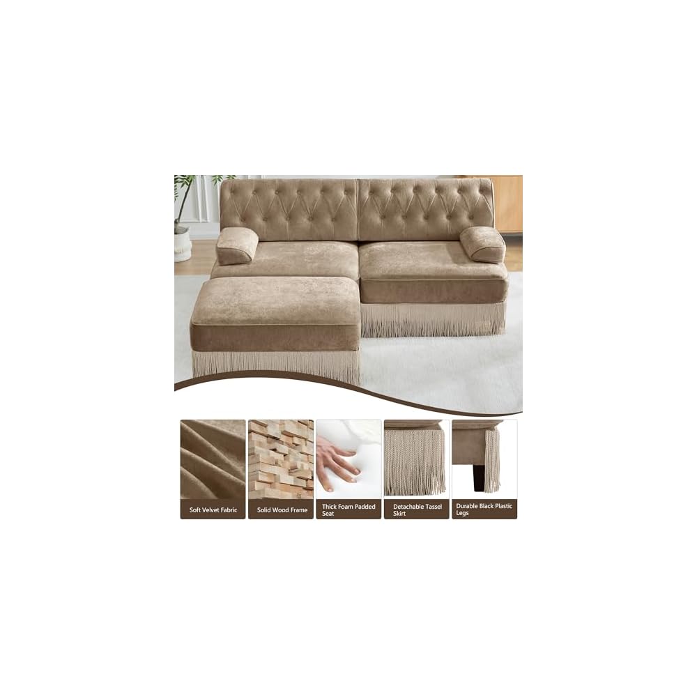 Aoowow Luxury 76.6" L-Shaped Sofas with Tassel,Modular Sectional Velvet Camel 2 Seater Sofa Couch with Ottoman,Vintage Chesterfield L Shape Small Love Seat for Small Spaces Living Room