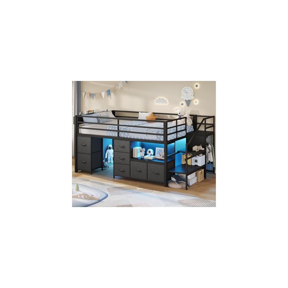 ADORNEVE Kids Low Loft Bed Twin Size with Stairs, 7 Drawers, Bookcase,Black