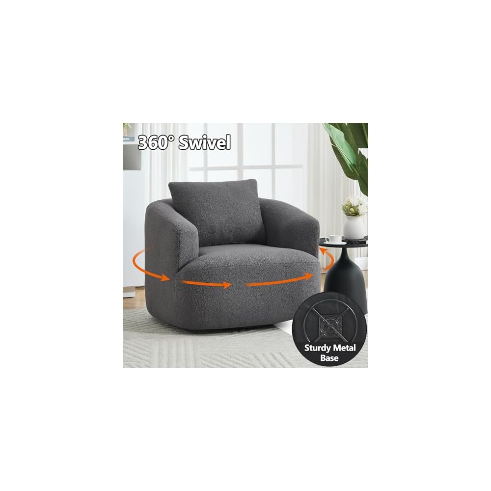 360° Swivel Round Accent Chair with Soft Pillow, Comfy Teddy Fleece Upholstered Barrel Chair, No Assembly Single Sofa for Living Room, Bedroom, Apartment (Antique Dark Grey)