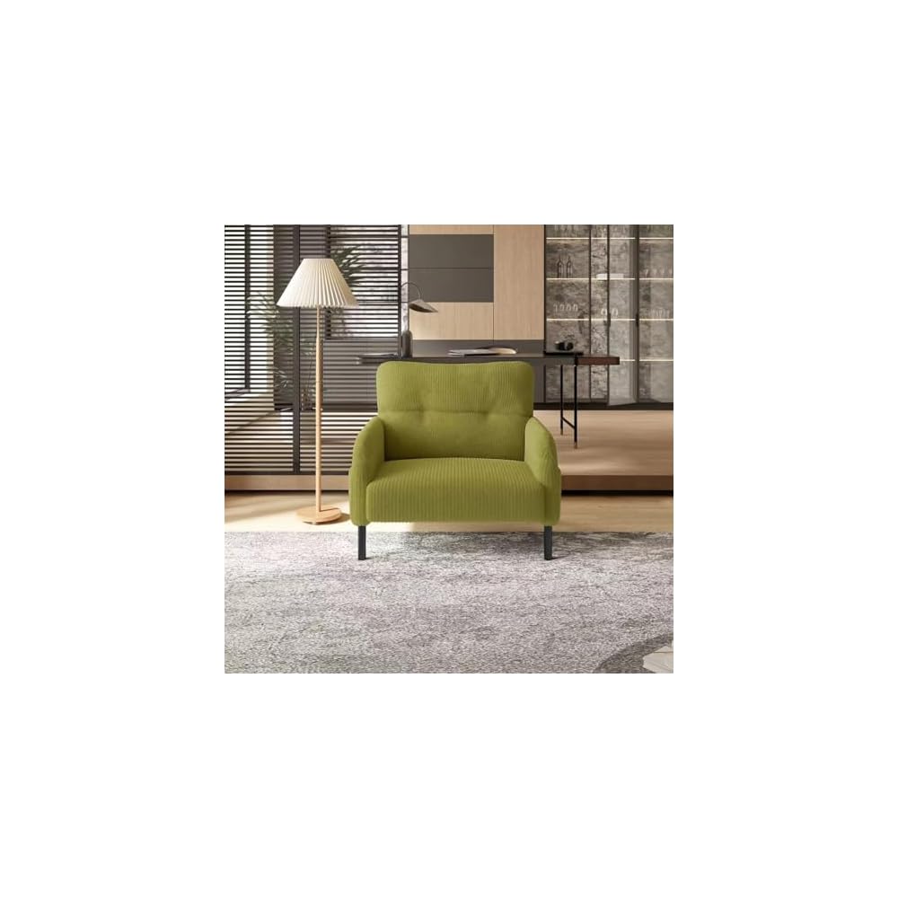 KEIKI 26" Corduroy Single Sofa Chair with Double Side Pockets & High Resilience Cushion, Modern Ergonomic Design Upholstery Oversized 1-Seater Accent Chair, Easy Assembly, for Living Room, Olive Green