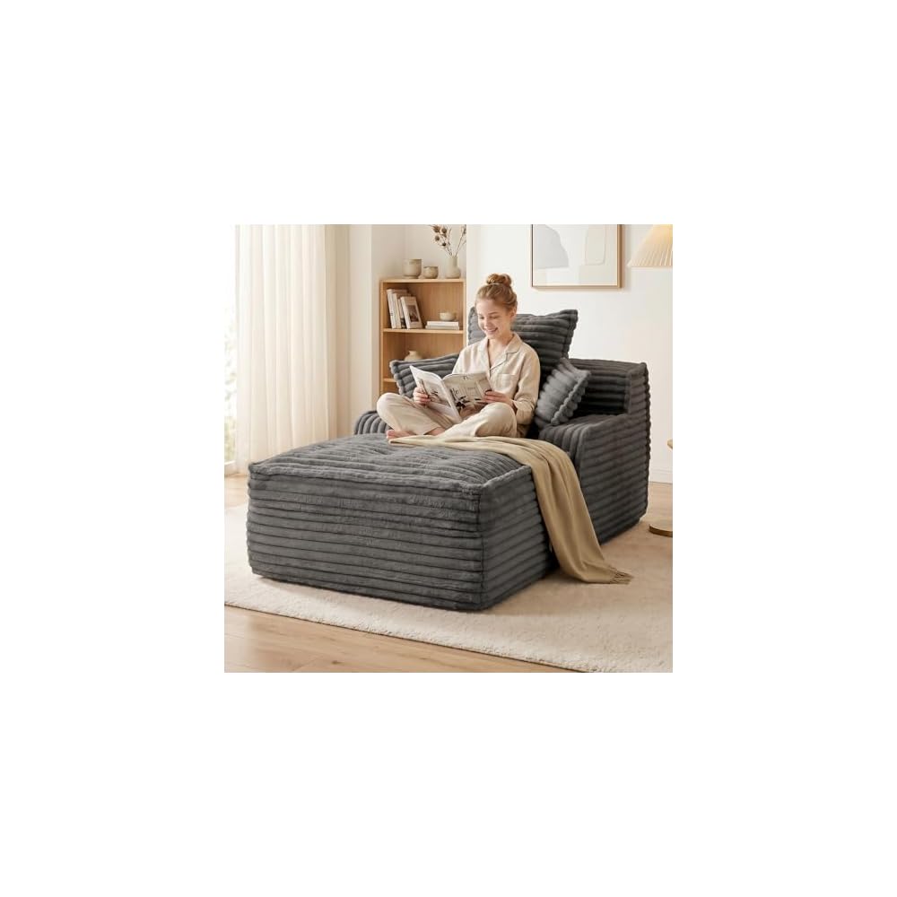Boneless Chair Chaise Lounge Chair Indoor, Corduroy Upholstered Boneless Sofa Bed, 57'' Deep Seat Sleeper Sofa Reading Chairs, Small Comfy Cloud Sofas Couches for Living Room, Bedroom (Grey)