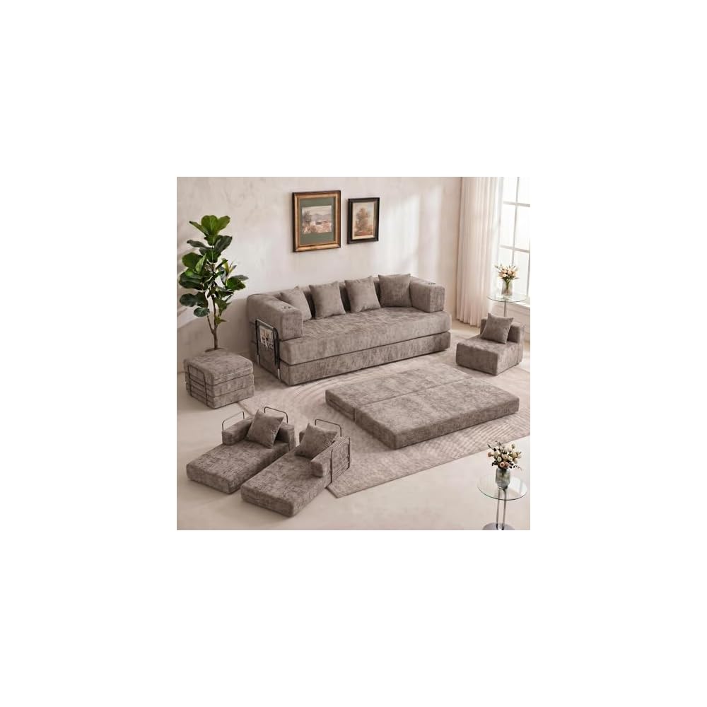Convertible Floor Sofa Couch, 79" Corduroy Low Profile Seating with 4 Pillows & 2 Cup Holders, Deep Seat Boneless Futon Mattress, No Assembly Needed, Modern Lounge for Living Room Apartment, Brown