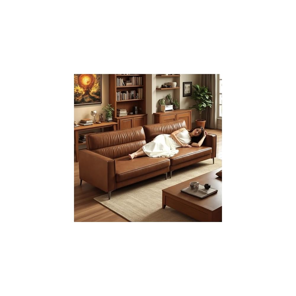 86.61" Brown Mid‑Century 3‑Seater Upholstered Sofa Metal Legs