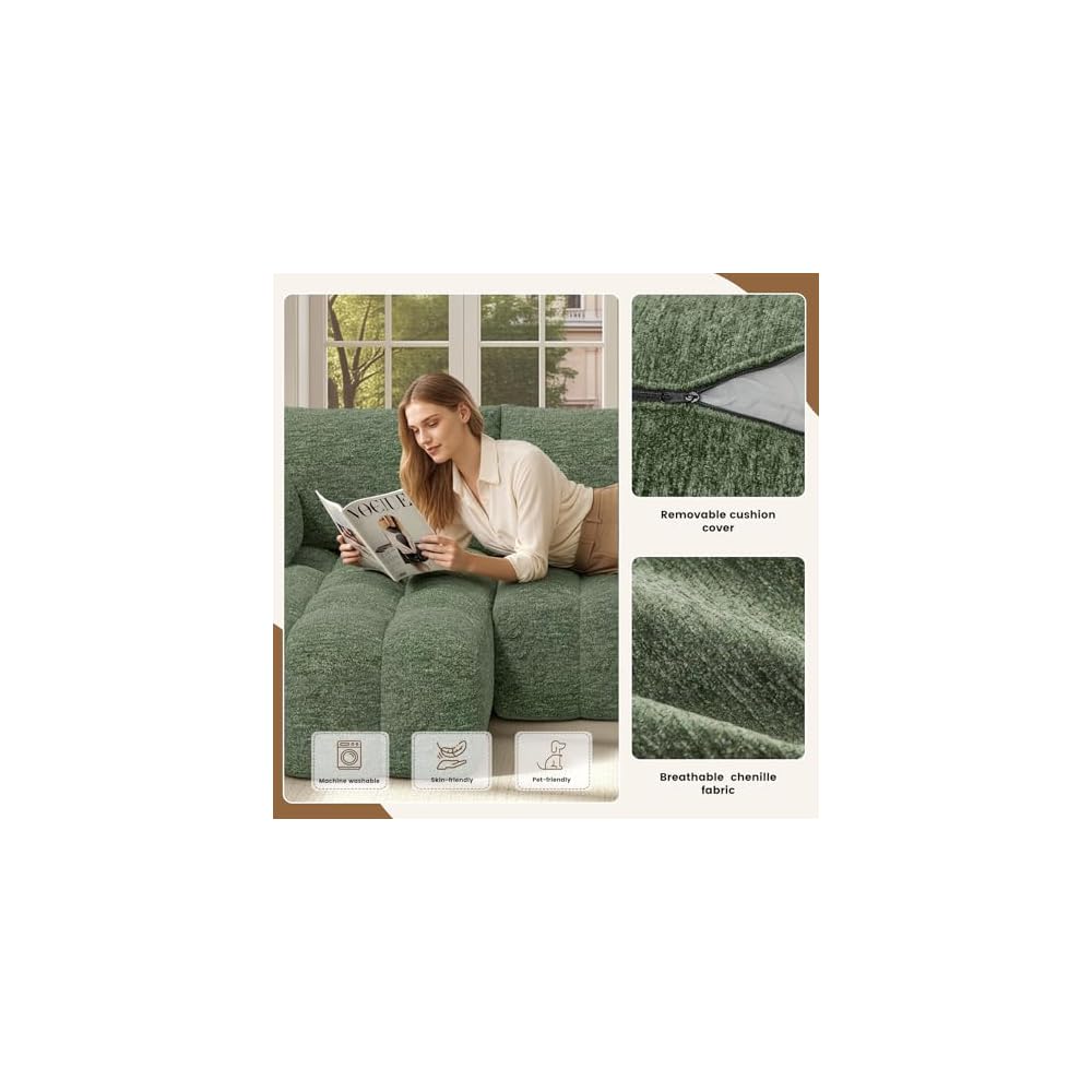 108” Boneless Couch, Cloud Couch with L-Shape Chaise, Modular Sectional Sofa with Oversized Deep Seat,Couch for Living Room Bedroom,No Assembly Required,Green