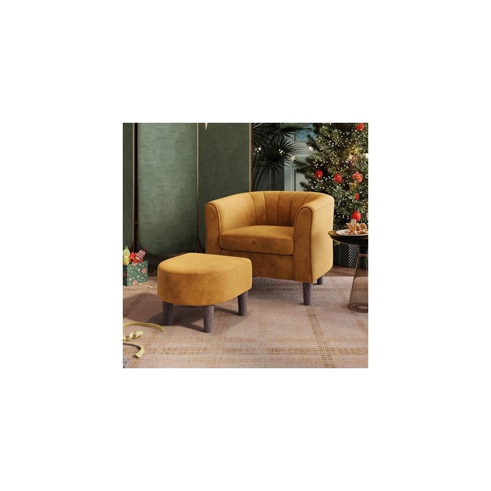 LINSY Accent Chair with Ottoman, Modern Barrel Chair Small Armchair Reading Chair with Footrest, Comfy Round Arms Chair for Living Room Bedroom Reading Room, Velvet, Beige