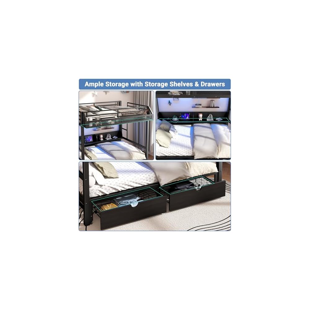Queen Over Queen Bunk Bed, Heavy-Duty Metal Bunk Bed, Black