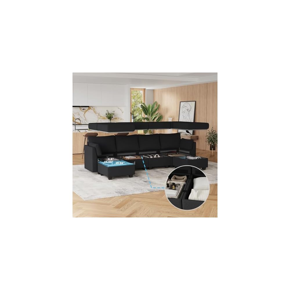 Huatean Home 114.17" Modular Sectional Sofa, 6 Seat Sectional Couches with Storage, Memory Foam, Convertible Modular Couch for Living Room, U Shaped Comfy Modular Sofa with Chaise, Black