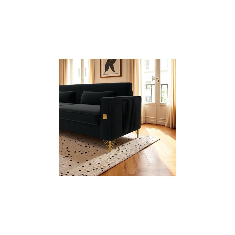 KEIKI 86" Oversized Luxury Velvet Sofa with Armrest and Removable Plush Cushions, Minimalist Gold Accents 3-Seater Couch with Solid Legs, Easy Assembly, for Living Room, Bedroom, Apartment, Black