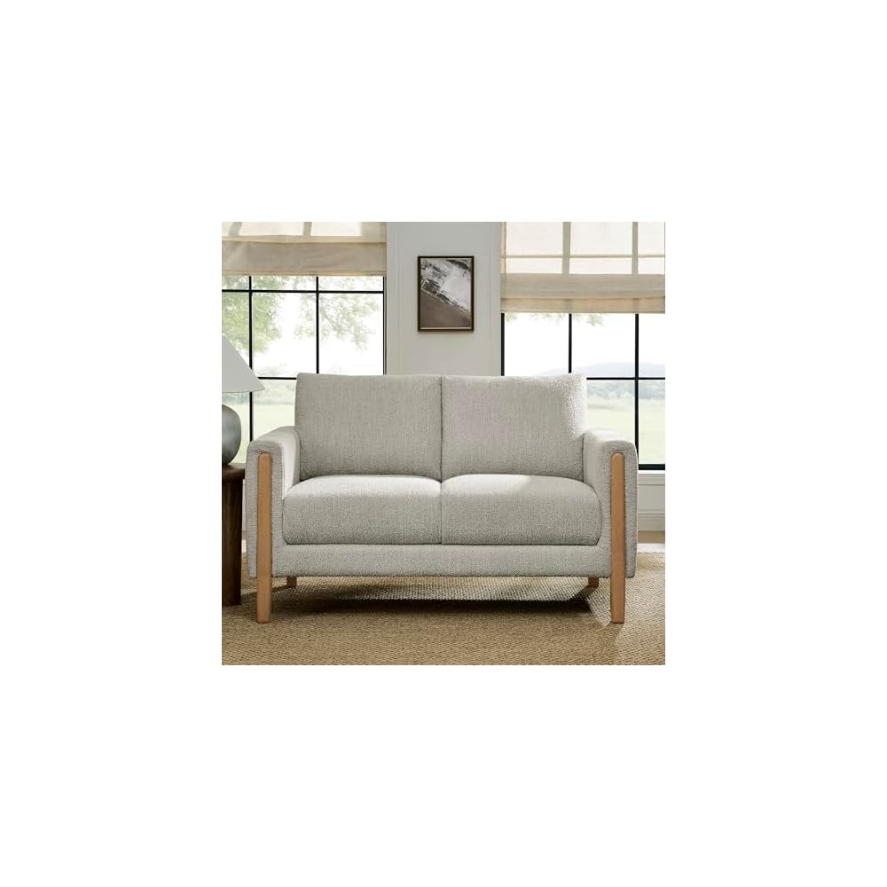 Modway Hawken 54 Inch Boucle Loveseat in Parchment Beech with Wood Legs – Mid-Century Modern Small Space 2-Seater Sofa for Living Room, Bedroom, or Office Lounge
