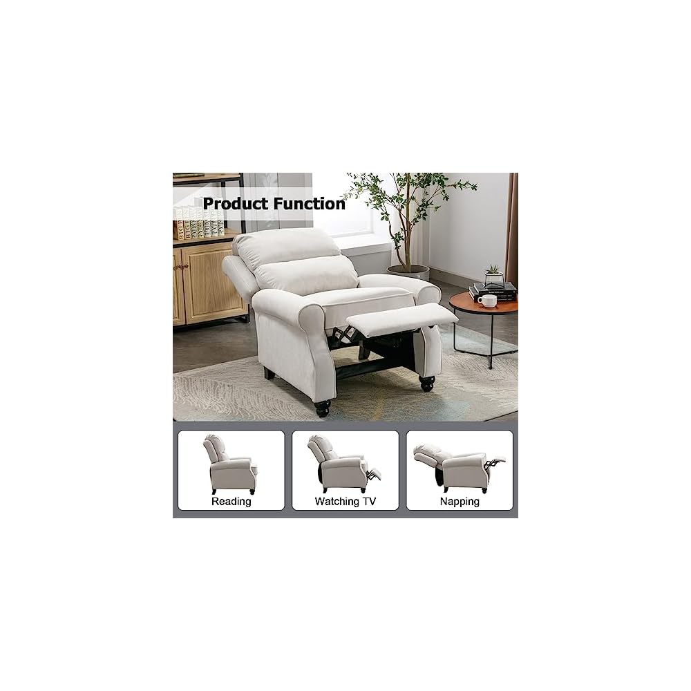 IOMOR Push Back Recliner Chair, Fabric Armchair Overstuffed Pushback Recliner, Heavy Duty Single Sofa Chair with Padded Seat Solid Wood Legs for Living Room (White)
