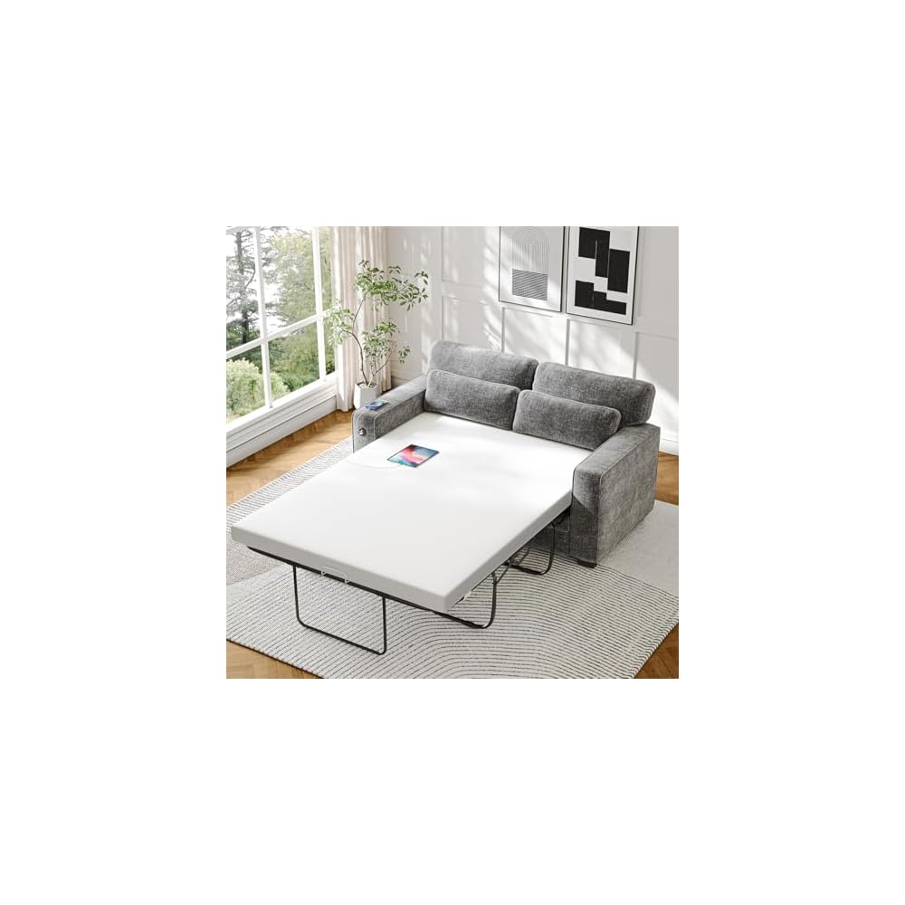 Marsail Pull Out Sofa Bed, Full Size Sleeper Sofa with Memory Foam Mattress, 2 USB Charging and Removable Covers, Loveseat for Living Room, Apartment, Supports 600 LBS, Chenille Fabric, Grey
