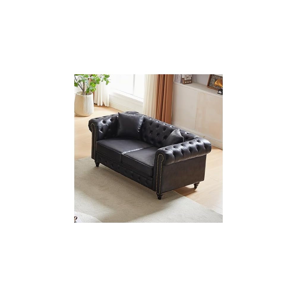 64" Chesterfield Sectional Sofa, Contemporary Design, Tech Fabric, Button Tufted & Nailhead Trim Arms, Upholstered with 2 Pillows for Living Room, Black