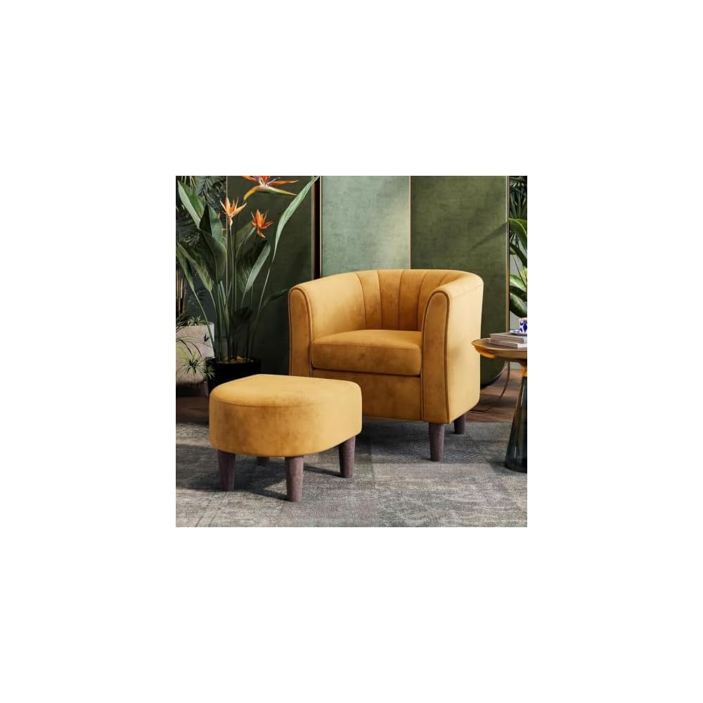 LINSY Accent Chair with Ottoman, Modern Barrel Chair Small Armchair Reading Chair with Footrest, Comfy Round Arms Chair for Living Room Bedroom Reading Room, Velvet, Beige