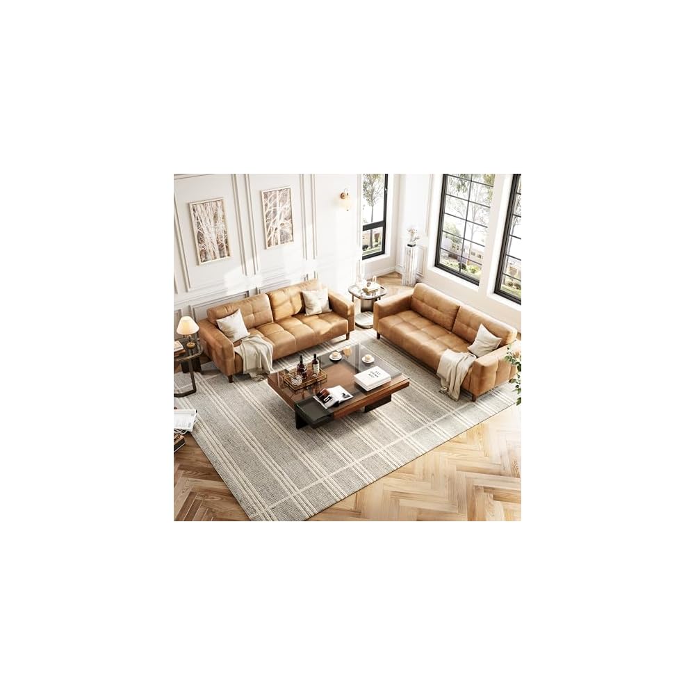IDEALHOUSE Mid-Century Modern 3-Seater Faux Leather Sofa Couch – Removable Back Cushions – Wide Armrests – Sturdy and Comfortable, Easy to Clean, Ideal for Living Room, Apartment, Office – PU Orange