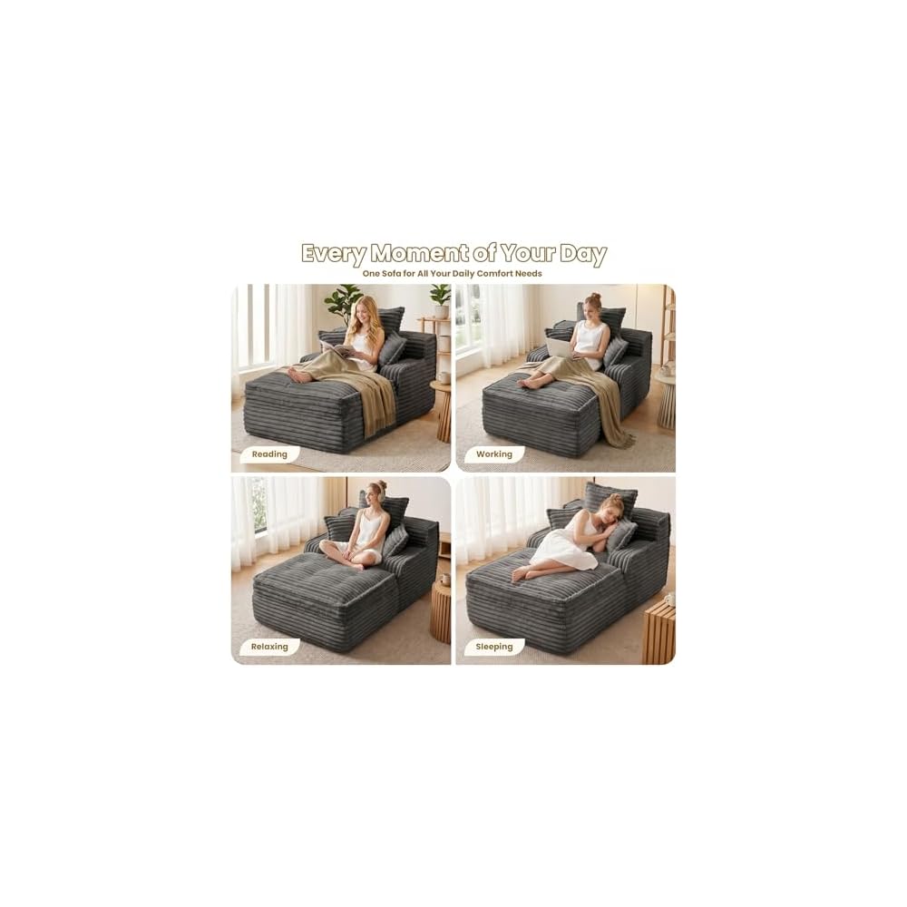 Boneless Chair Chaise Lounge Chair Indoor, Corduroy Upholstered Boneless Sofa Bed, 57'' Deep Seat Sleeper Sofa Reading Chairs, Small Comfy Cloud Sofas Couches for Living Room, Bedroom (Grey)