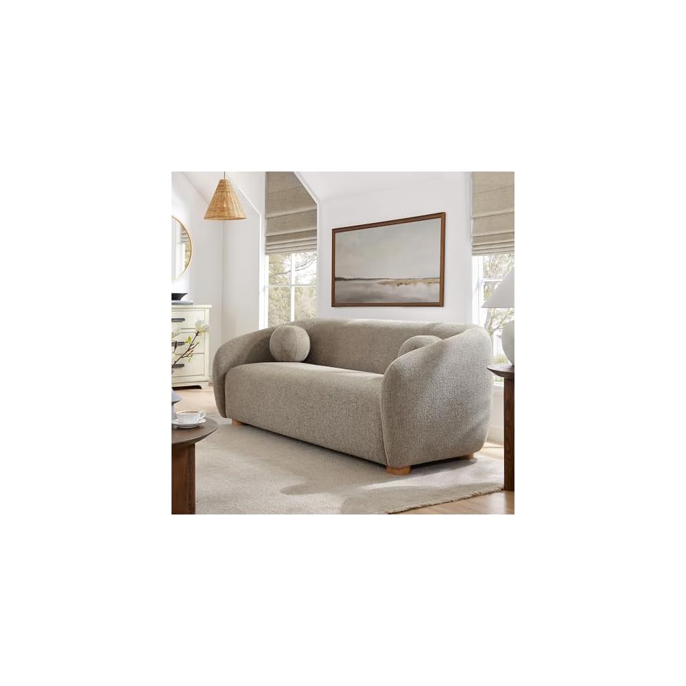 Modway Holland 85 Inch Minimalist Curved Back Sofa in Taupe – Chenille Fabric Sofa with Ball Throw Pillows and Wood Feet – Modern 3-Seater Couch for Living Room