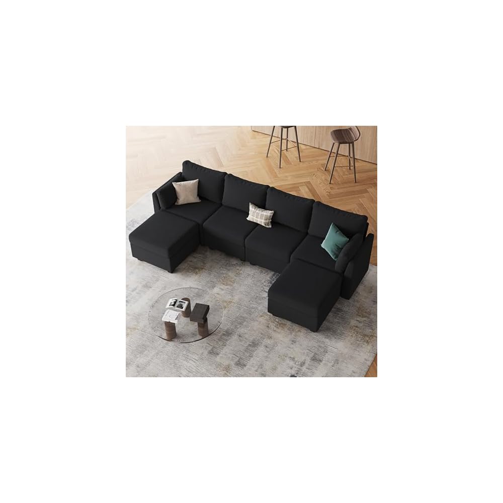 Huatean Home 114.17" Modular Sectional Sofa, 6 Seat Sectional Couches with Storage, Memory Foam, Convertible Modular Couch for Living Room, U Shaped Comfy Modular Sofa with Chaise, Black